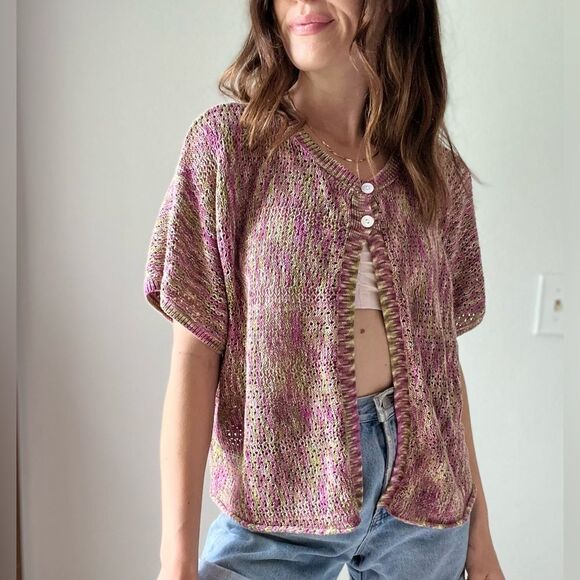 JH COLLECTIBLES Women’s Crochet Knit Cardigan Crop Top Pink Green Sweater 1X - Picture 6 of 13